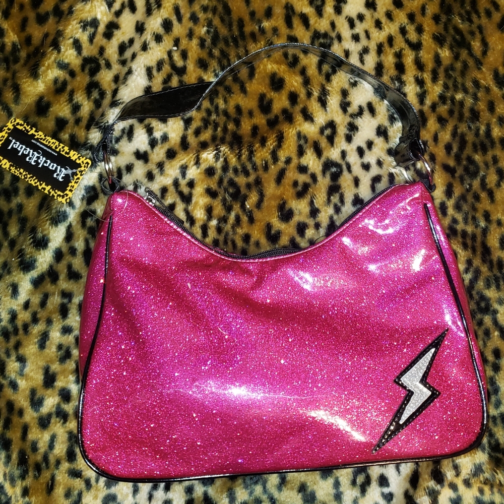 ROCK REBEL PINK lightning bolt metal flake Vintage Hot Topic Purse ROCKABILLY